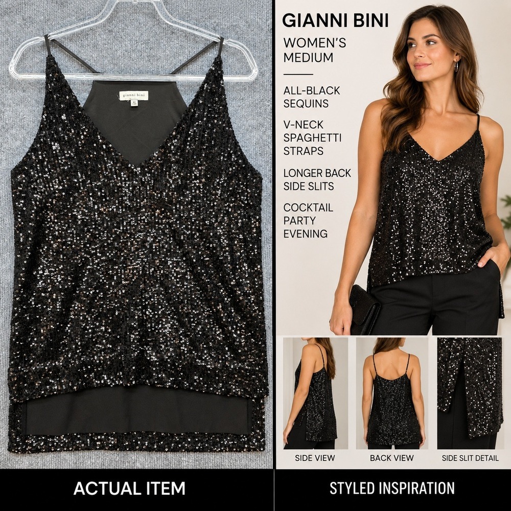 Gianni Bini Sequin Cami Womens V-Neck Party Evening Black Medium Excellent Glam